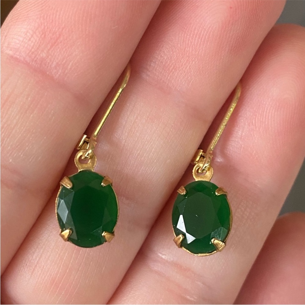Gold-Tone Drop Earrings with Emerald Green Oval Stones